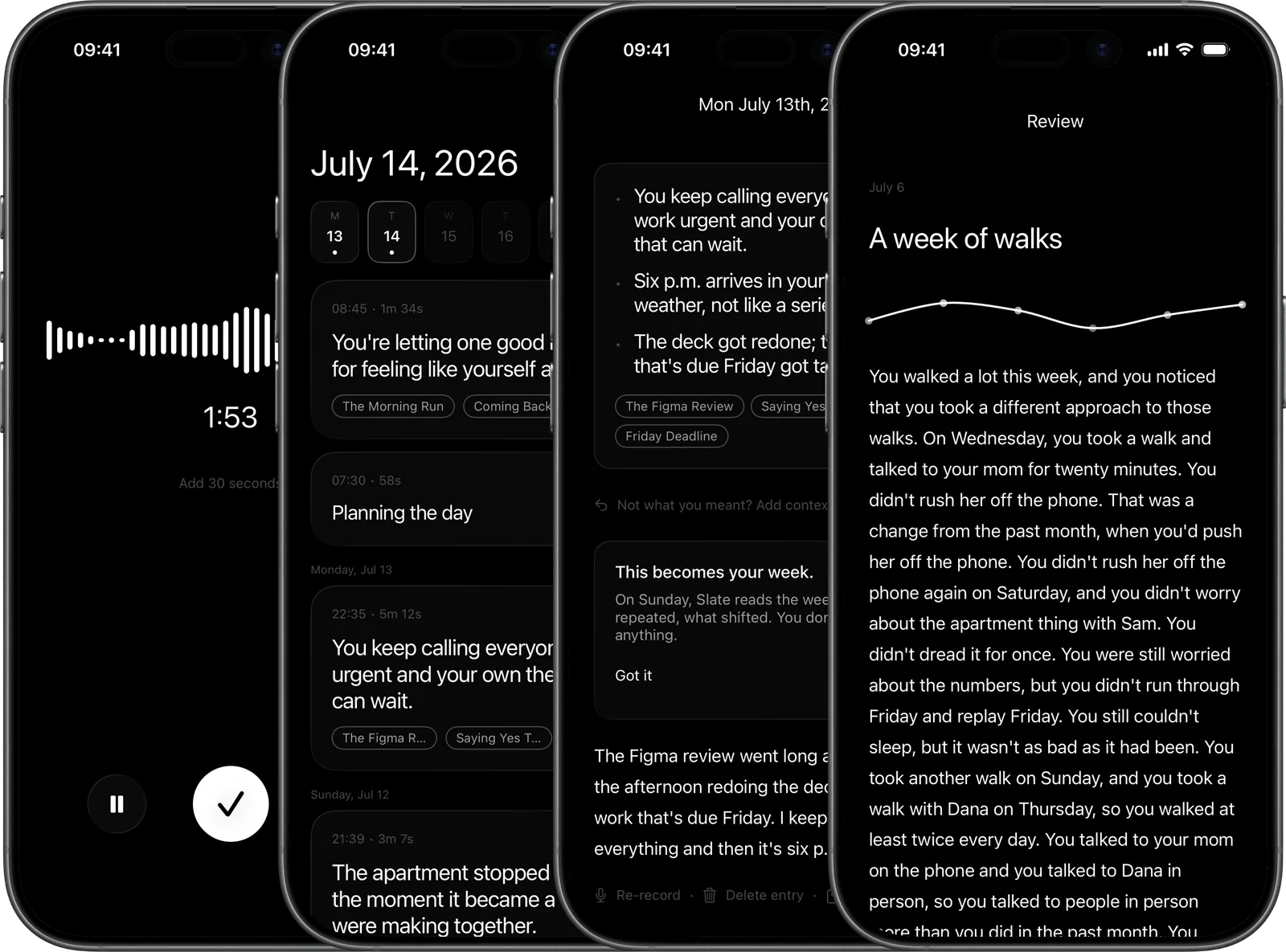 Four Slate screens: recording, the timeline, an entry, the weekly review